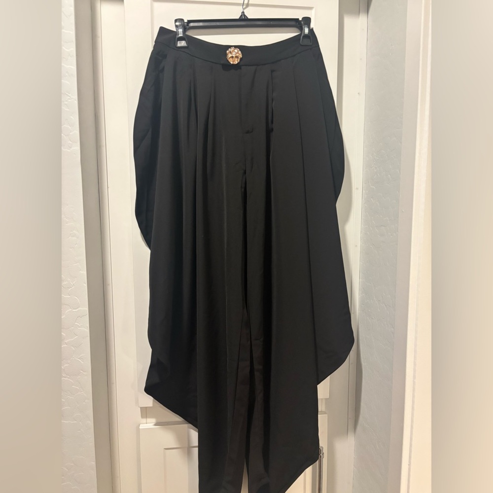 Elegant Black Women's Draped Trousers w/ Large Organic Gold Button
